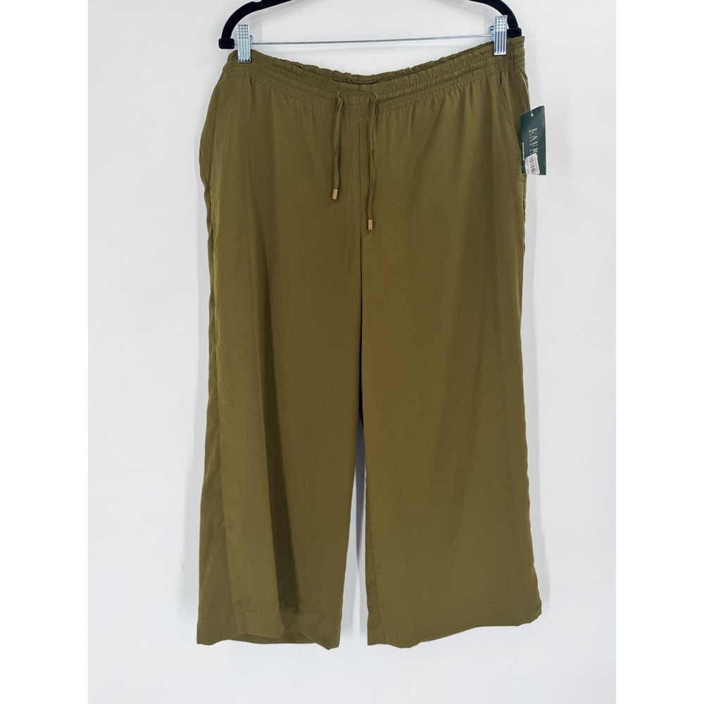 NWT Ralph Lauren Wide Leg Pants Women 10 Olive Green Cropped Boho Earthy Chic - Picture 2 of 9